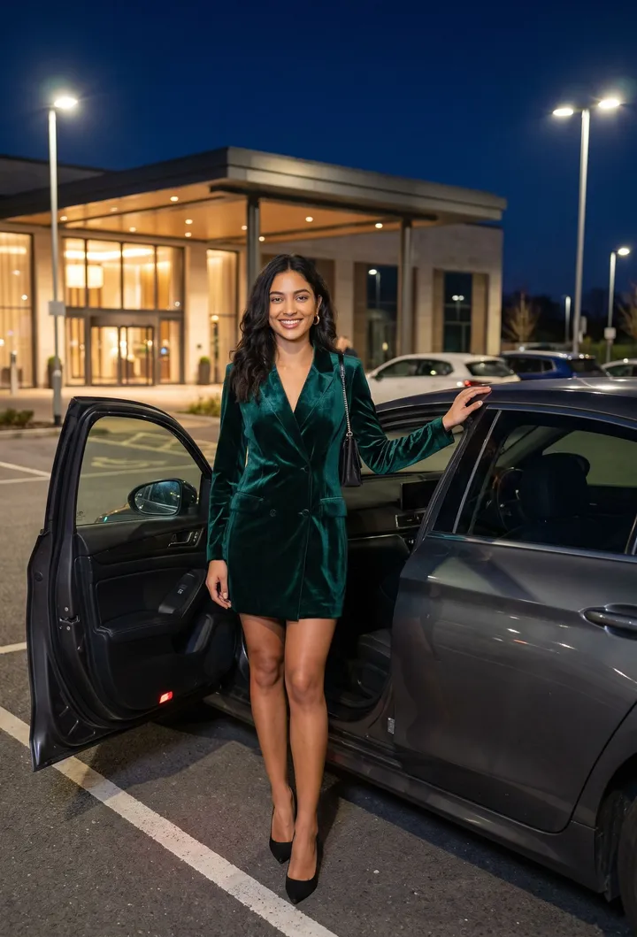 The same woman stands by the open door of a grey car in a lit parking lot at night, a low building with a wide canopy behind her.