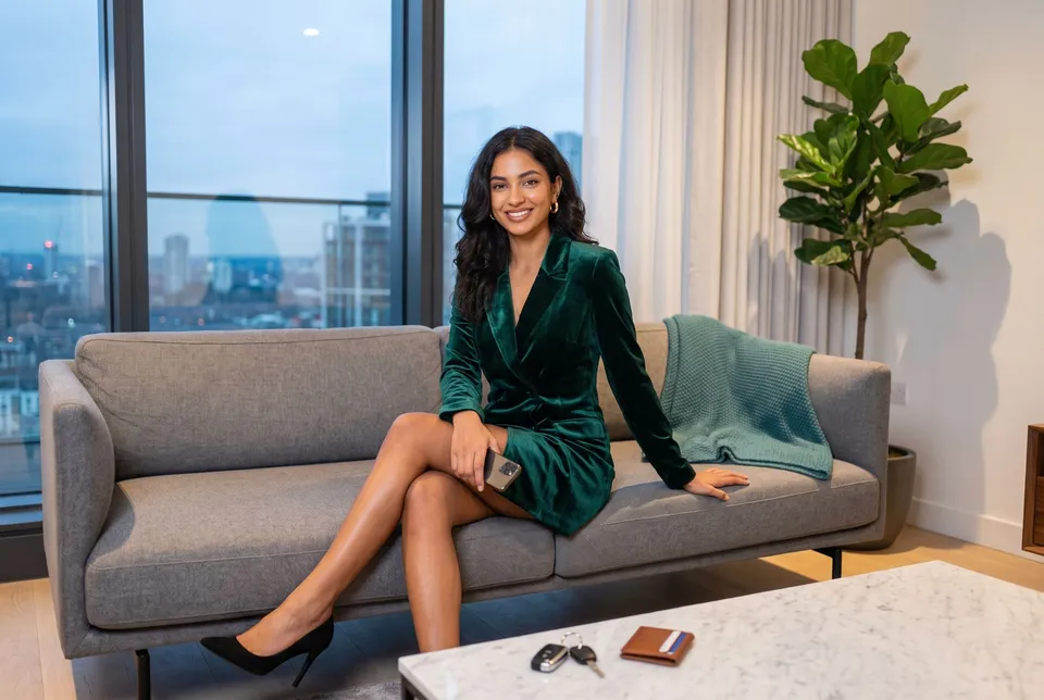 The same woman sits on a grey sofa by a city window at dusk, a phone in her hand, car keys and a card holder on the table in front of her.